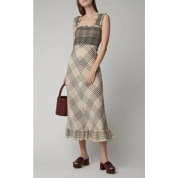 knee length dresses for ladies Ganni Seersucker Blue Check Cotton-Blend Shirred Midi Dress